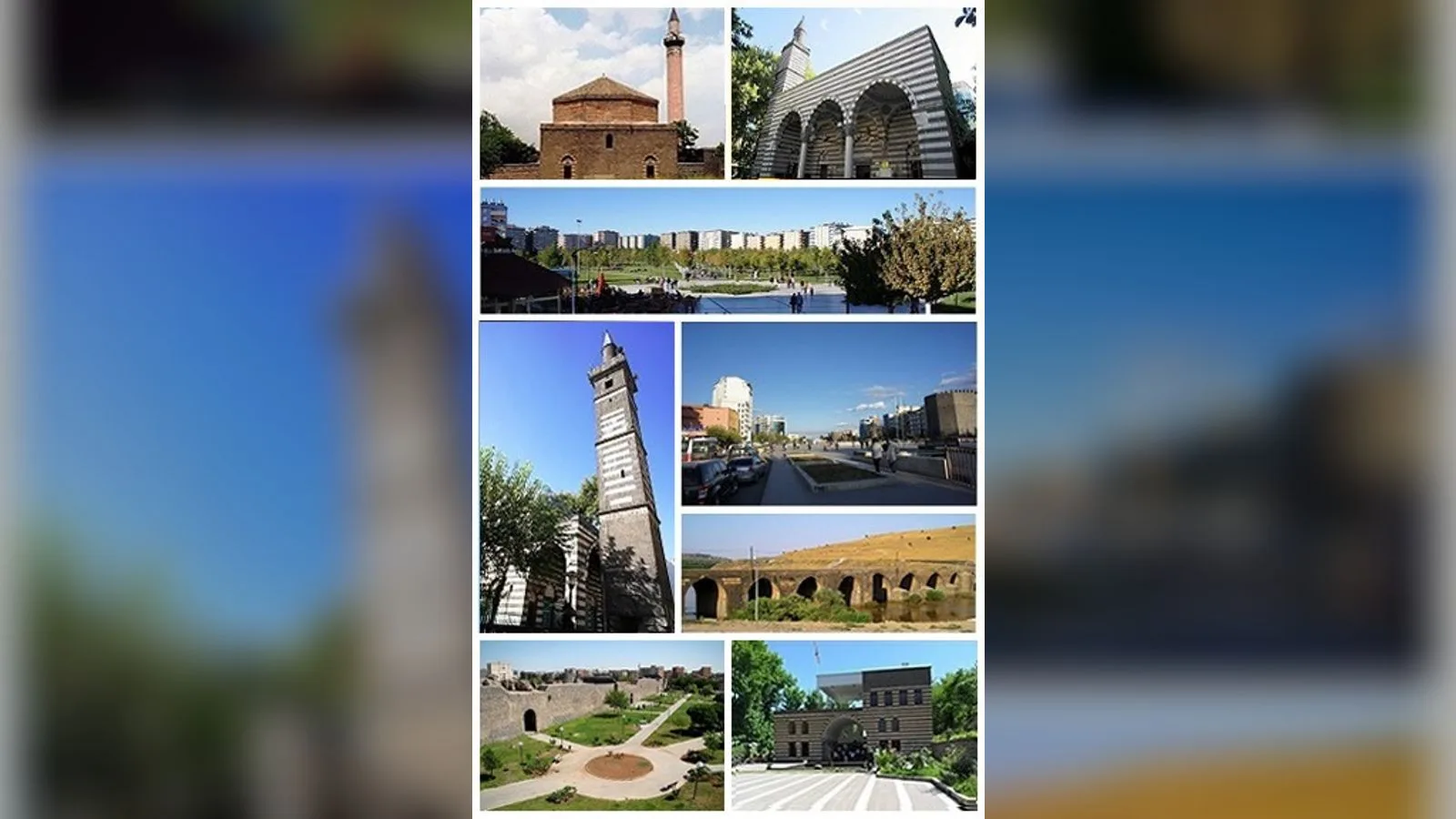 Diyarbakır'daki tarihi yapıları içeren dokuz panel fotoğraf kolajı: ulu cami, surlar, minare, kent manzarası.