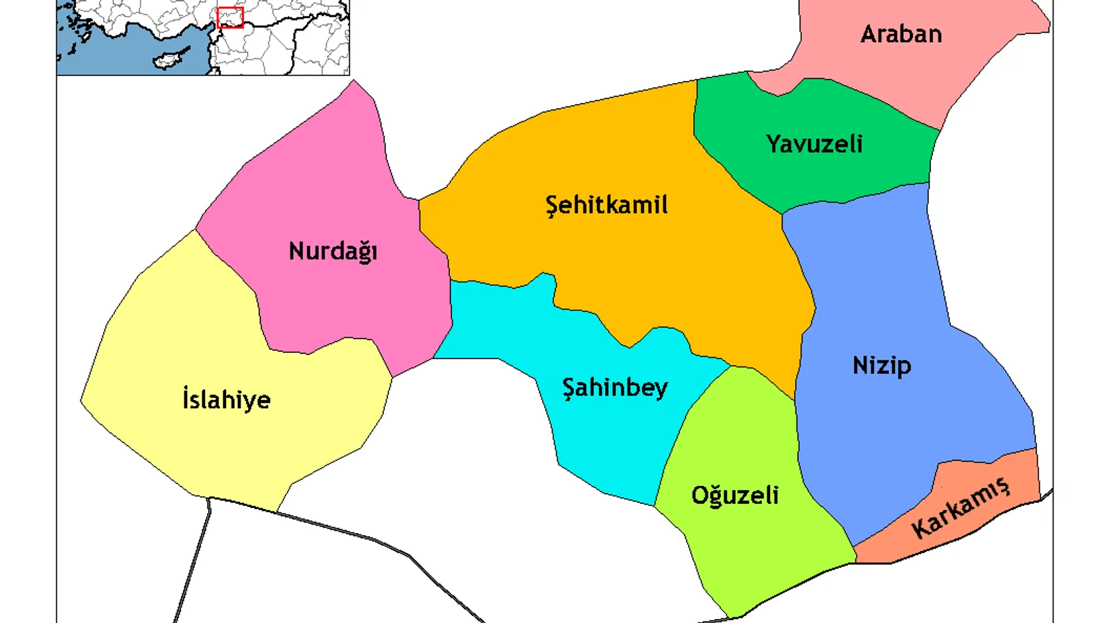 Gaziantep'in ilçe haritası; Şehitkamil, Şahinbey ve diğer bölümler renkli gösterilmiş.
