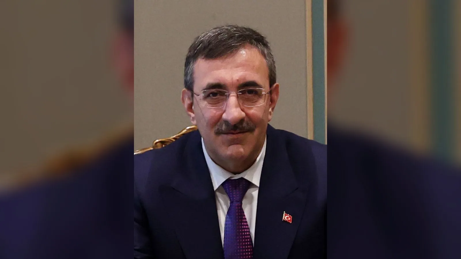 Gözlüklü, mustaşlı bir yetişkin erkek takım elbise, lacivert kravat ve Türk bayrağı rozeti giymiş. Resmi bir ortamda portre.