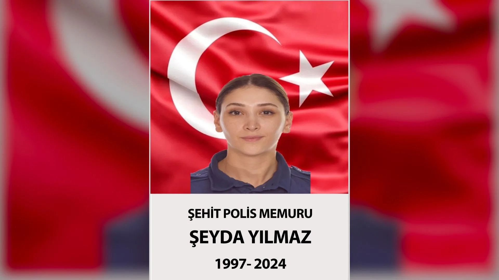 Türk bayrağı önünde üniformalı genç kadın polisin vesikalık portresi