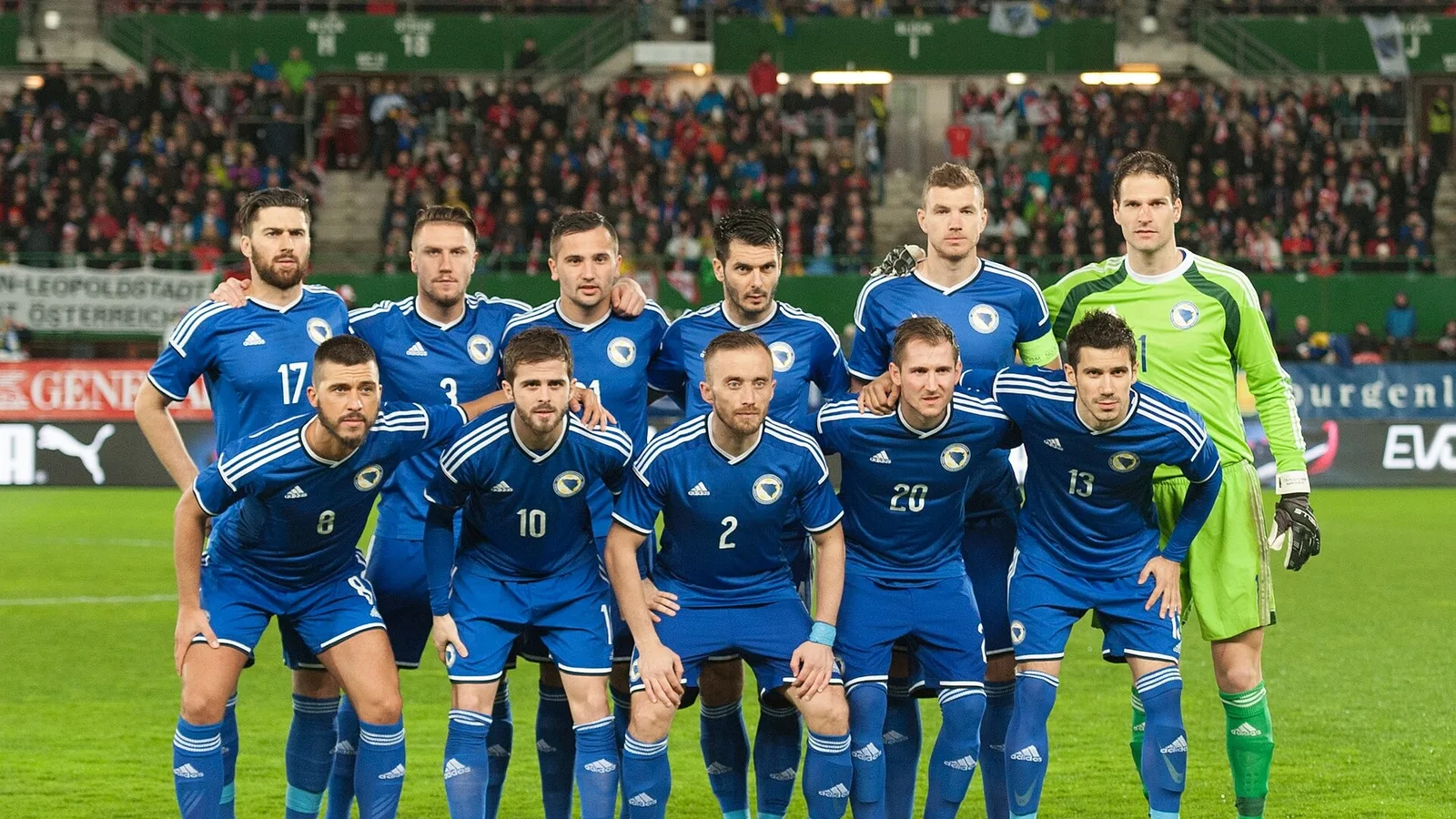 Bosna Hersek milli futbol takımı, mavi forma ve yeşil kaleçi, saha kenarında duruyor.