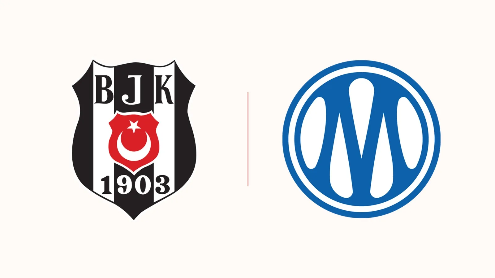 Beşiktaş JK siyah-beyaz logosunun sol tarafında, sağında Marsilya OM mavi logosu.