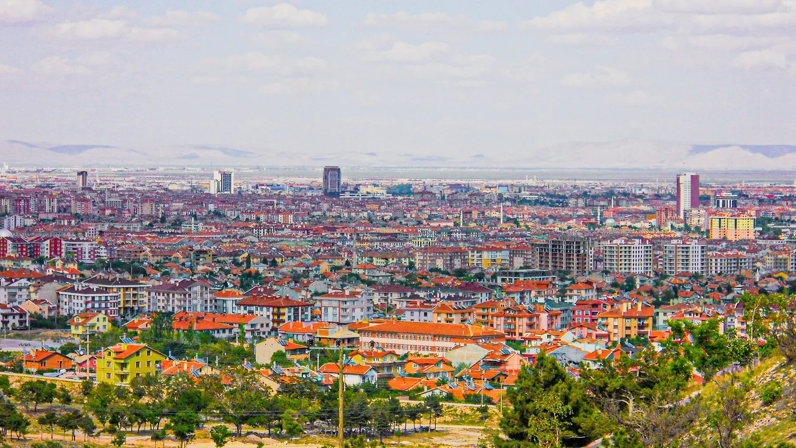Kırmızı çatılı konut binalarının yoğunlaştığı, şehir skylinesi gözüken geniş manzara.