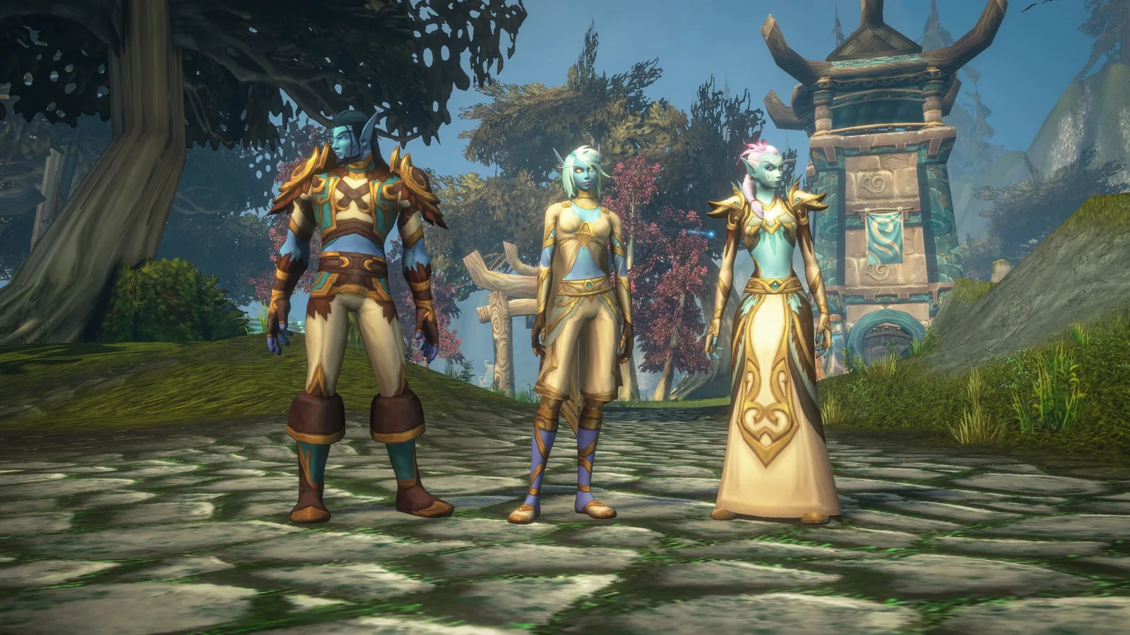 World of Warcraft: Forever'ın yeni oynanabilir ırkı Skyborne'dan üç karakter, Zephras Isle'da yan yana duruyor