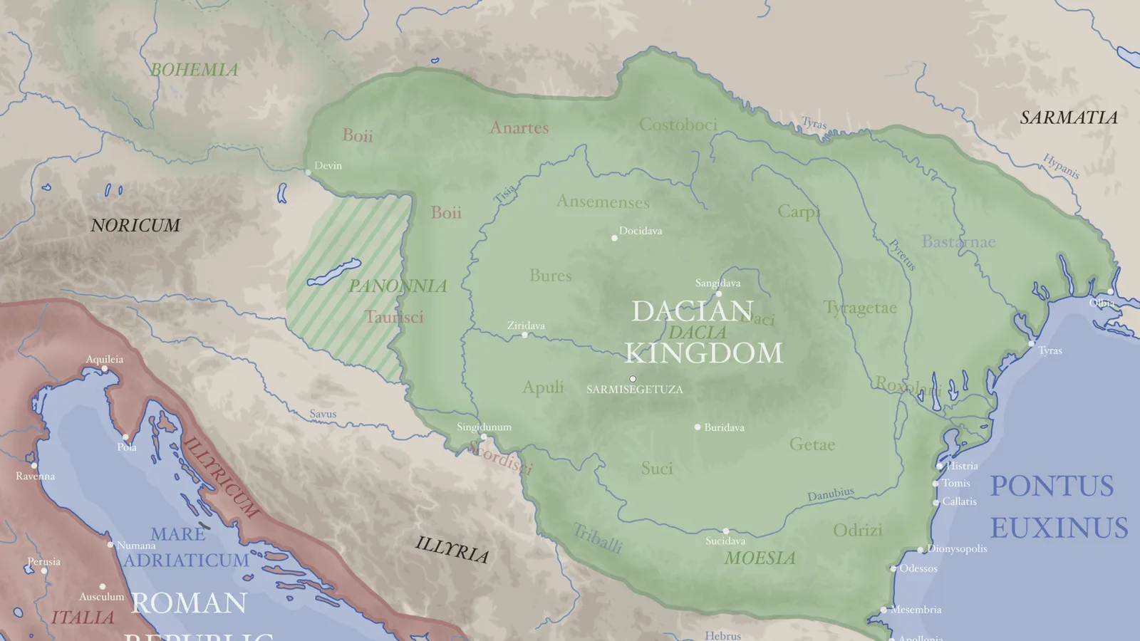 Antik Dacian Krallığı sınırlarının gösterildiği tarihî harita.