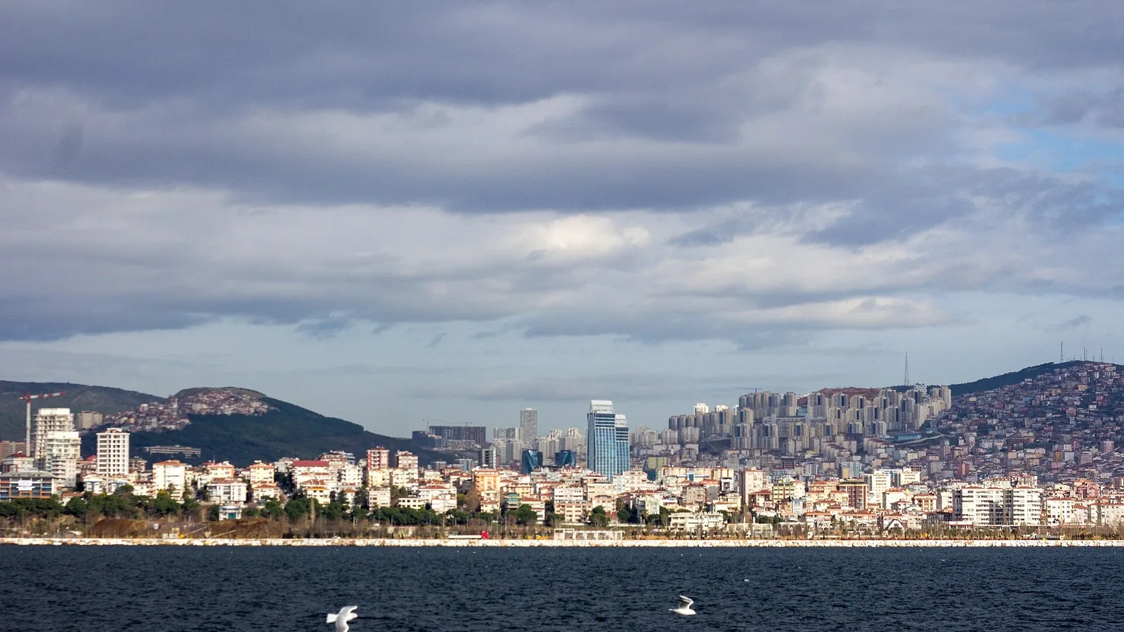 İstanbul'un denizden görünümü, sol tarafta konutlar ve yeşil alanlar, sağda dağlık bölge, önde Marmara Denizi.