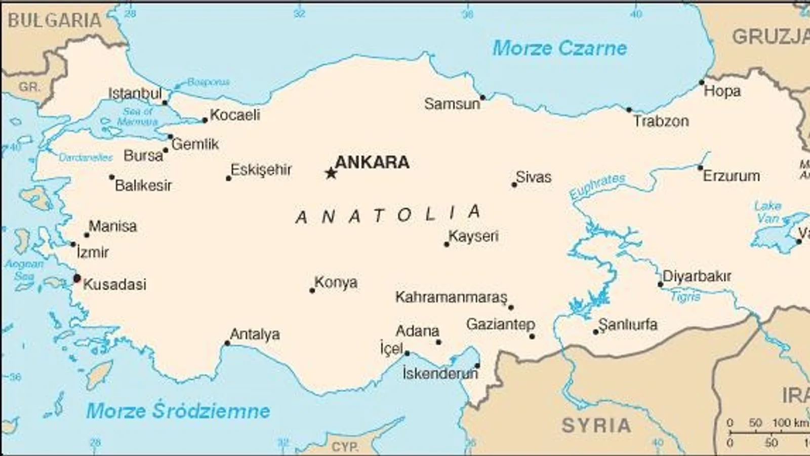 Türkiye'nin coğrafi haritası, şehirleri ve komşu ülkeleri gösteriyor.