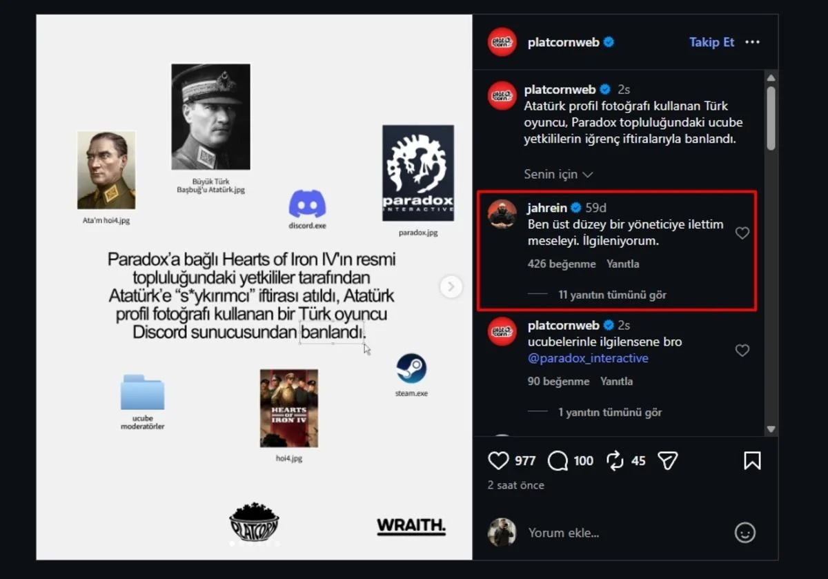 Platcorn’un Instagram gönderisi ve altında Jahrein’in yorumu: Ben üst düzey bir yöneticiye ilettim meseleyi. İlgileniyorum.