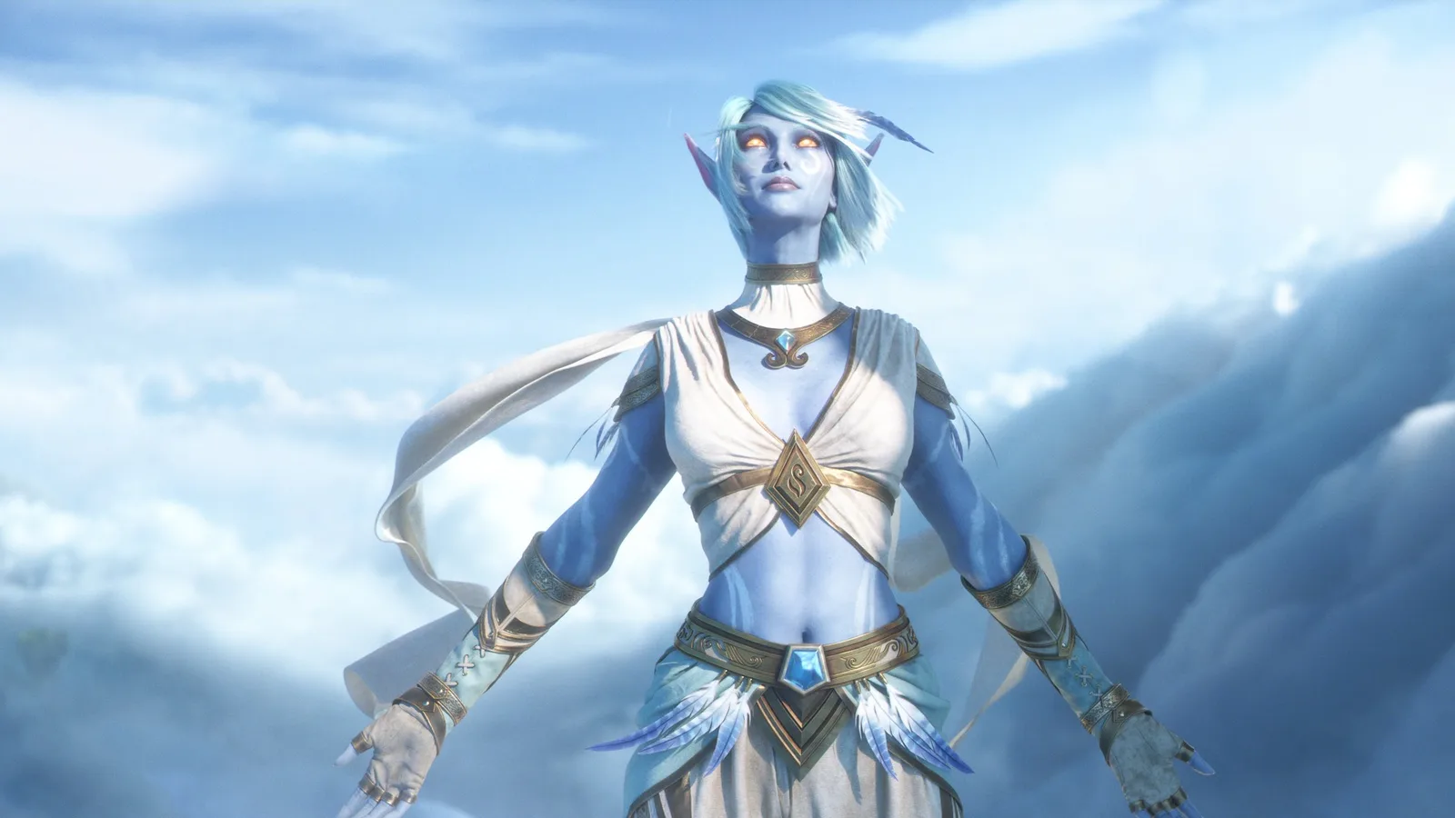 World of Warcraft: Forever duyuru sinematiğinden bir kare: bulutların üzerinde duran, mavi tenli ve beyaz saçlı bir Skyborne elfi