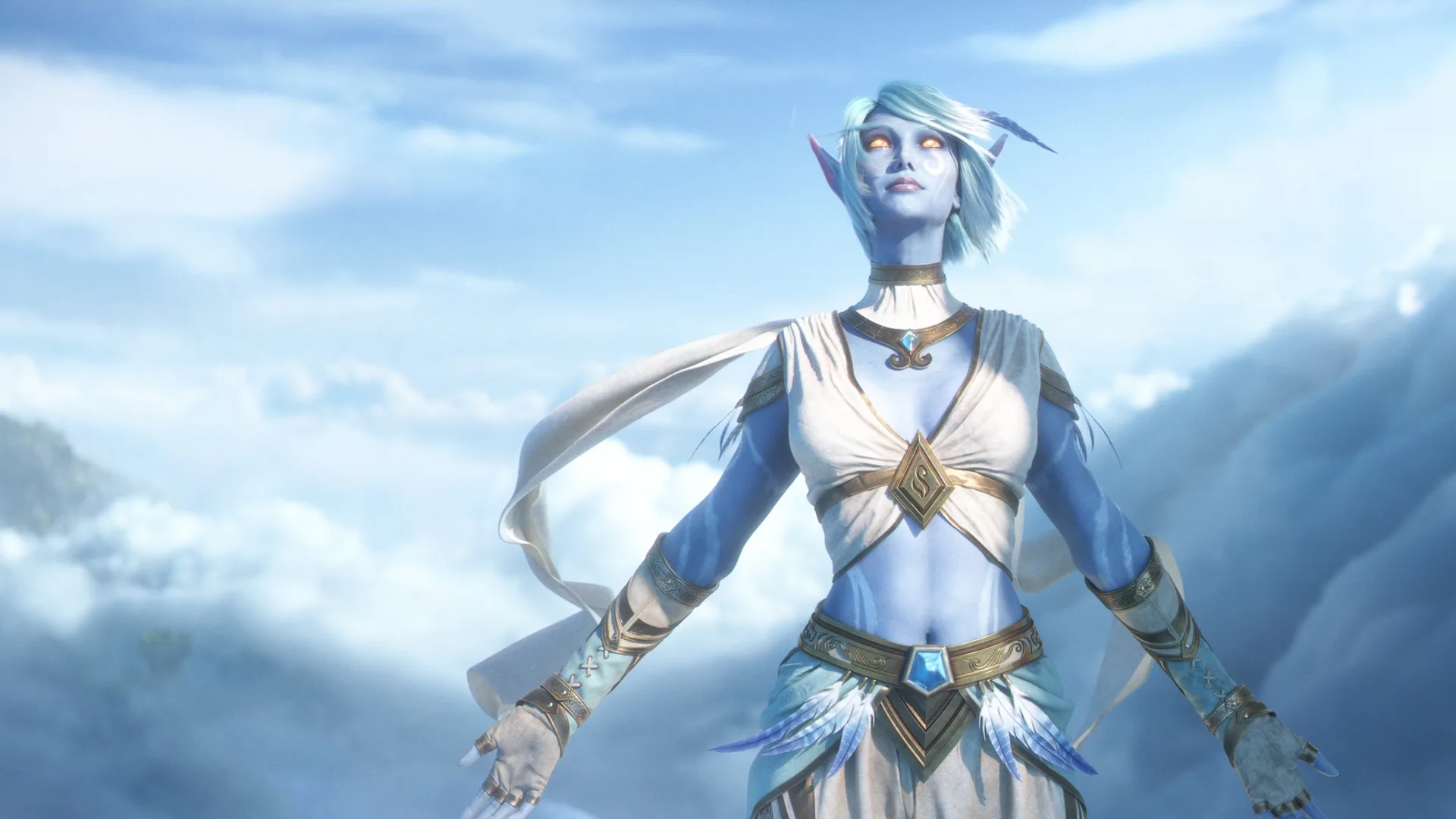 World of Warcraft: Forever duyuru sinematiğinden bir kare: bulutların üzerinde duran, mavi tenli ve beyaz saçlı bir Skyborne elfi