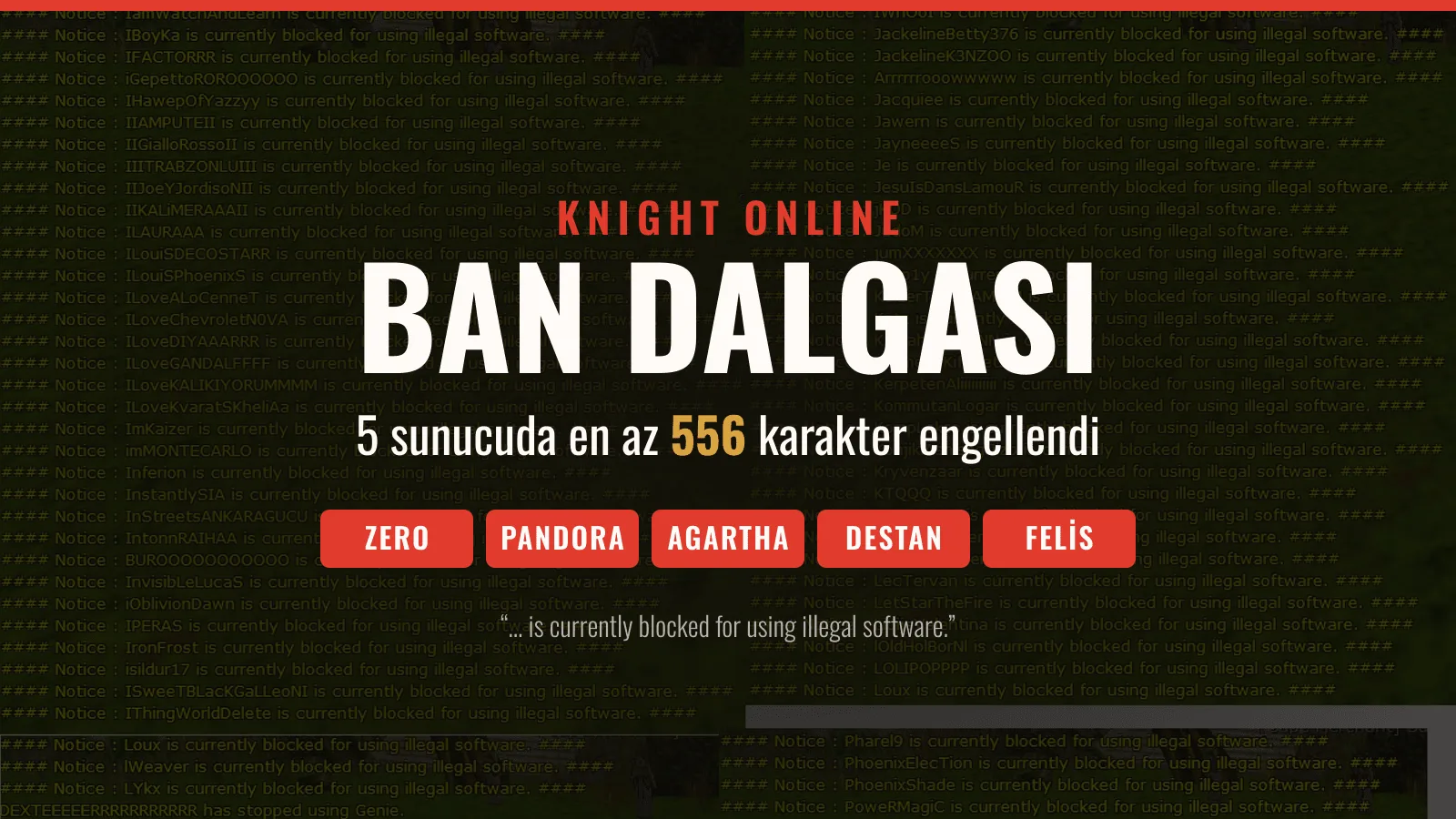 Knight Online oyun içi duyuru kanalında art arda sıralanan engelleme satırları üzerinde “Ban dalgası: 5 sunucuda en az 556 karakter engellendi” yazısı ve Zero, Pandora, Agartha, Destan, Felis sunucu adları.