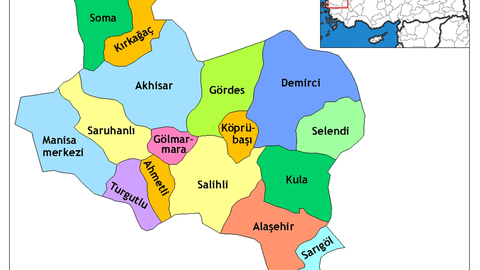 Manisa ili renkli harita, çeşitli ilçeler gösteriliyor, sağ üstte Türkiye konumu.