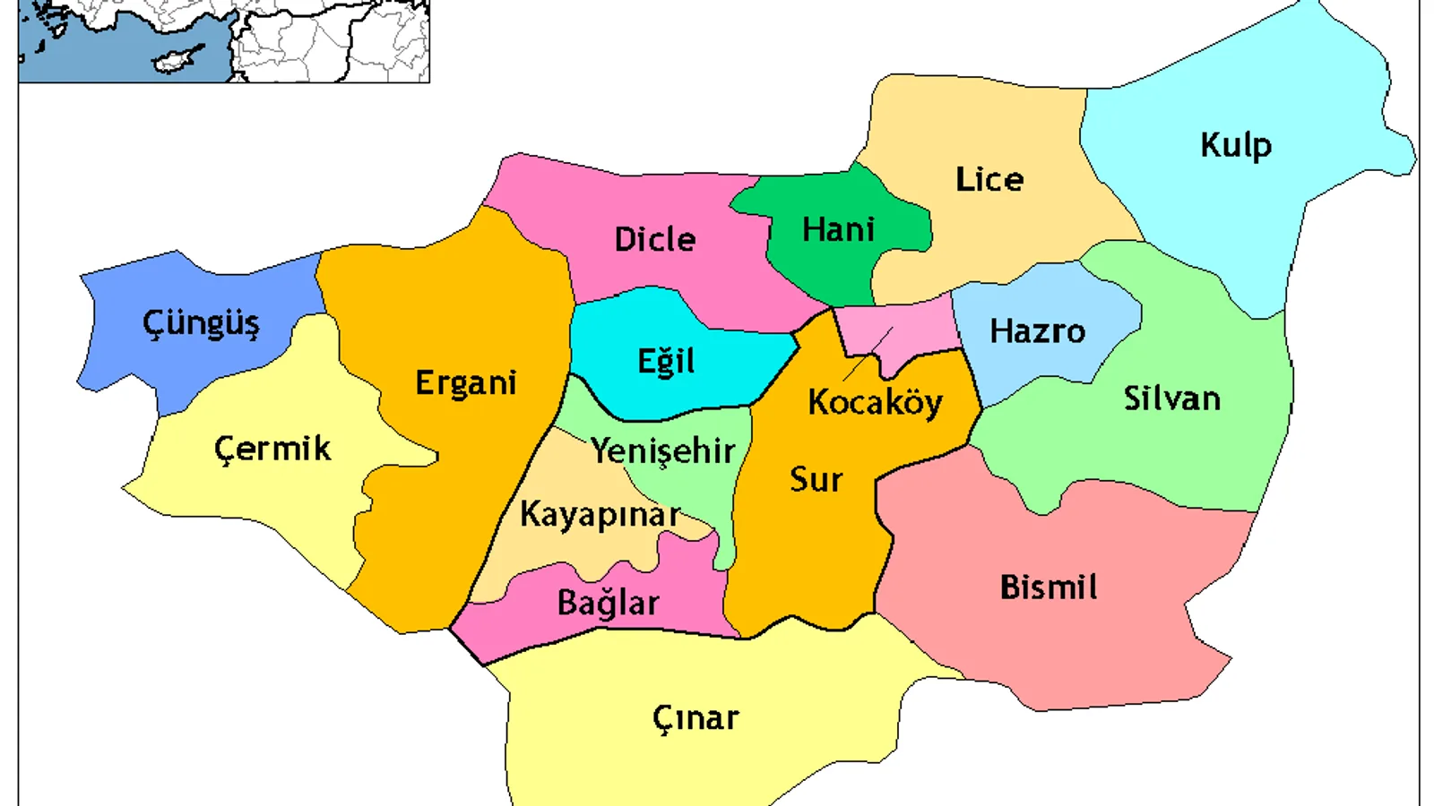 Diyarbakır ili haritası, renkli ilçeler ve sınırları gösteriyor.