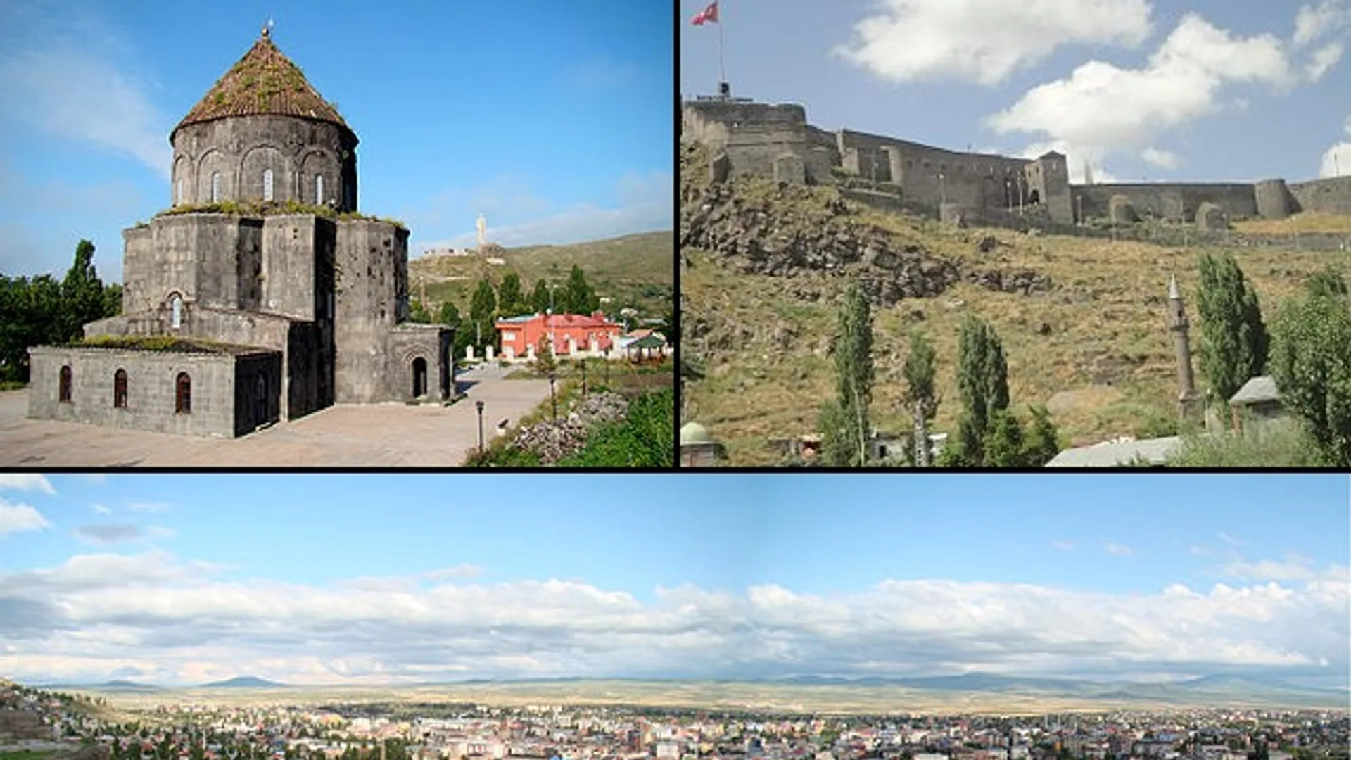 Taş kümbet kilise, tepede kale ve geniş ova manzarasından oluşan kolaj