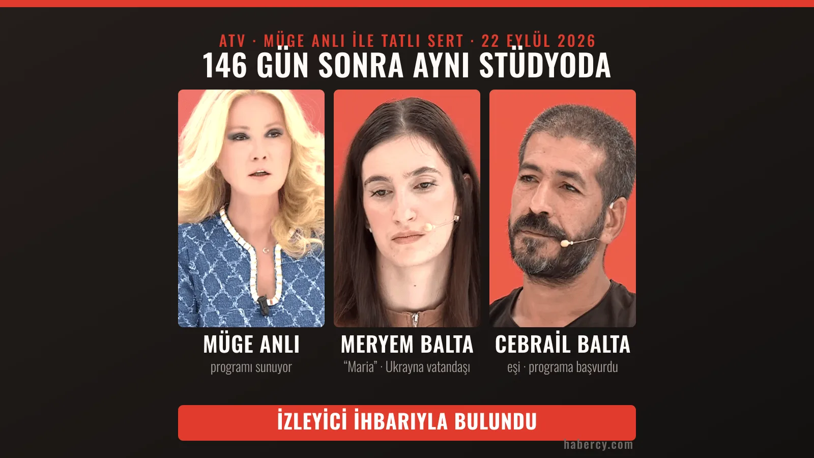 Müge Anlı ile Tatlı Sert stüdyosundan üçlü kare: Müge Anlı, Meryem Balta ve eşi Cebrail Balta. Üstte “146 gün sonra aynı stüdyoda” yazıyor.
