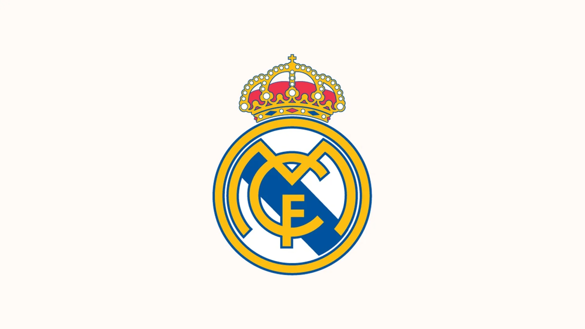 Beyaz zemin üzerinde taçlı, sarı ve mavi Real Madrid arması