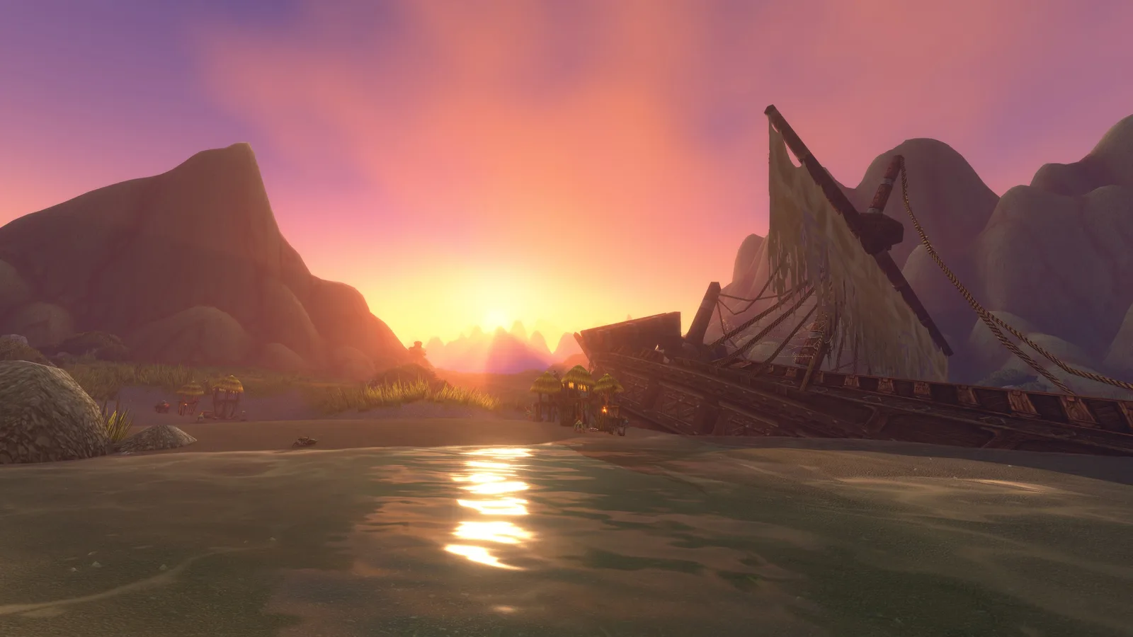World of Warcraft: Forever'ın yeni bölgesi Riverglades'te gün batımında kıyıya oturmuş bir gemi enkazı ve sudaki yansımalar