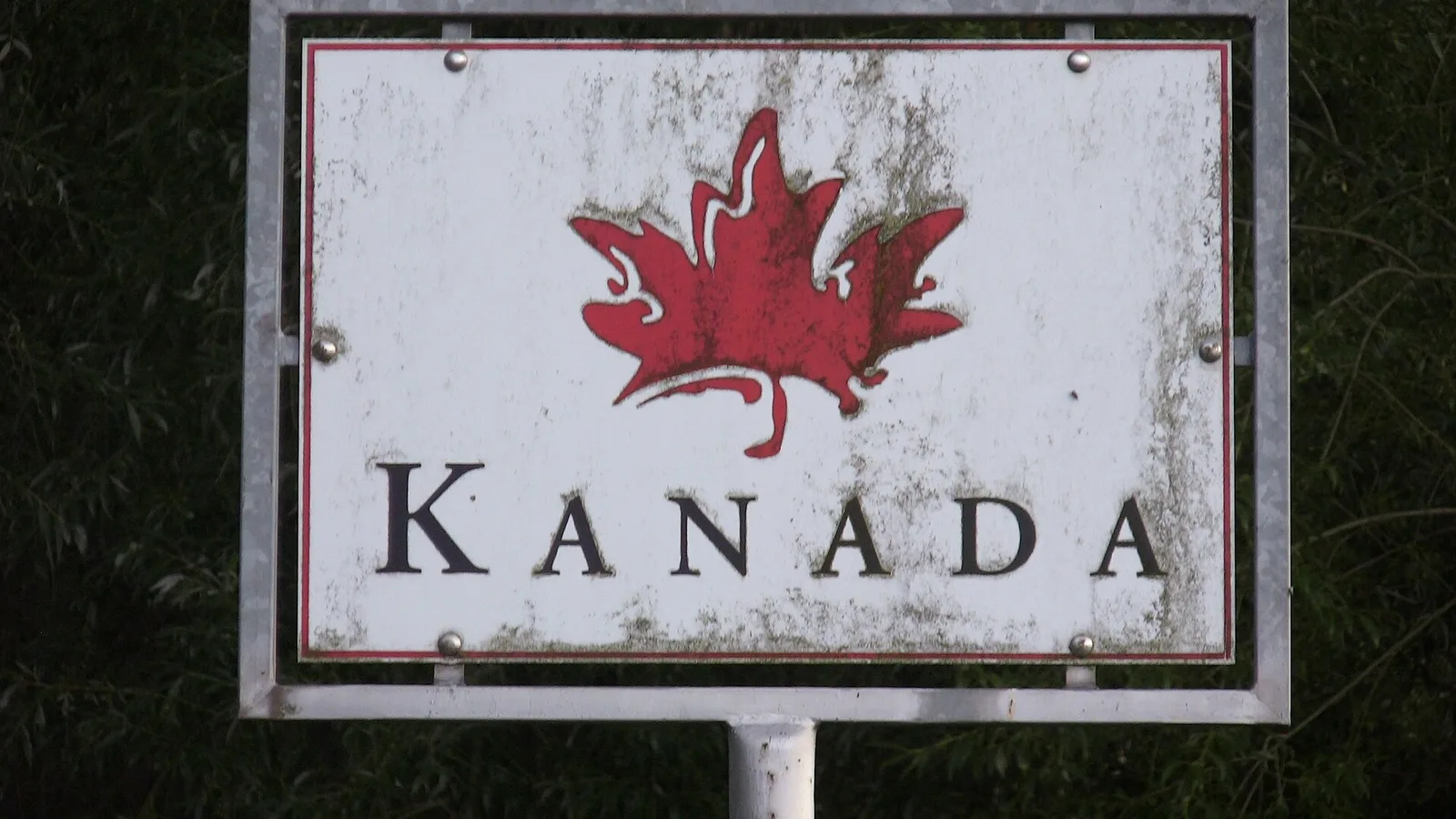 Kanada bayrağı ve maple yaprağı logosu içeren beyaz tabelanın yakın çekimi.