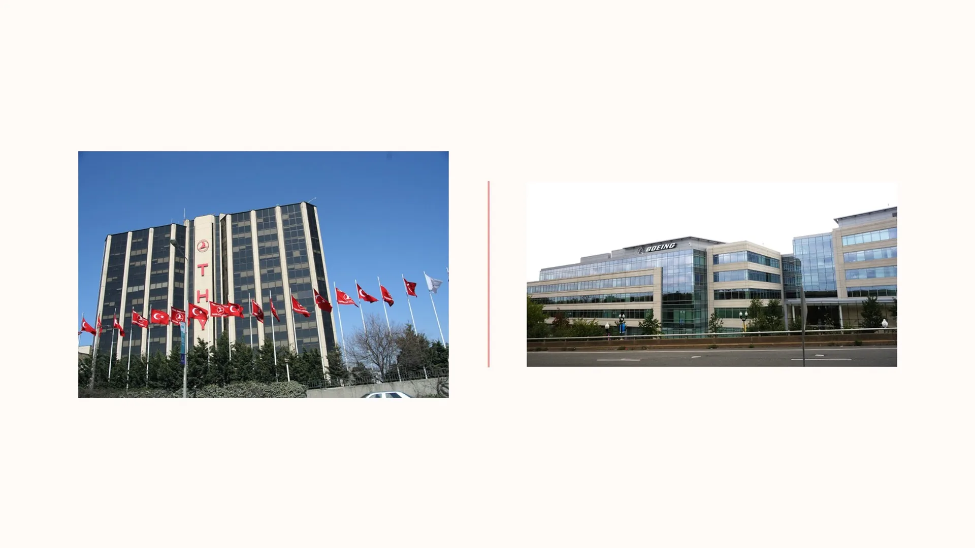 Sol tarafta Türk bayrakları bulunan modern şirket binası, sağda başka bir ofis yapısı.
