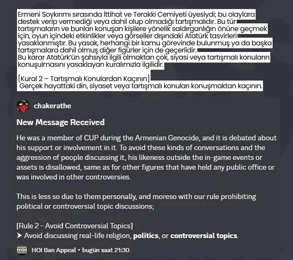 Moderatör chakerathe’nin İngilizce ikinci mesajı ve Türkçe çevirisi: İttihat ve Terakki üyeliği ve Kural 2, tartışmalı konulardan kaçının.