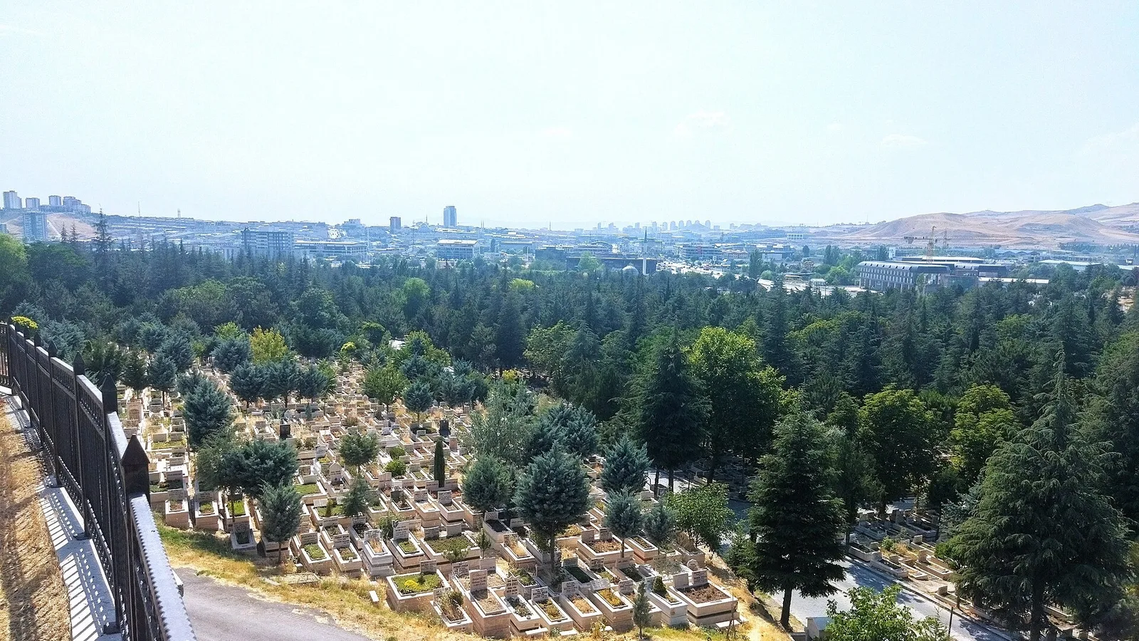 Ankara şehir manzarası ve yeşillik arası, taş mezarlarla dolu mezarlık.