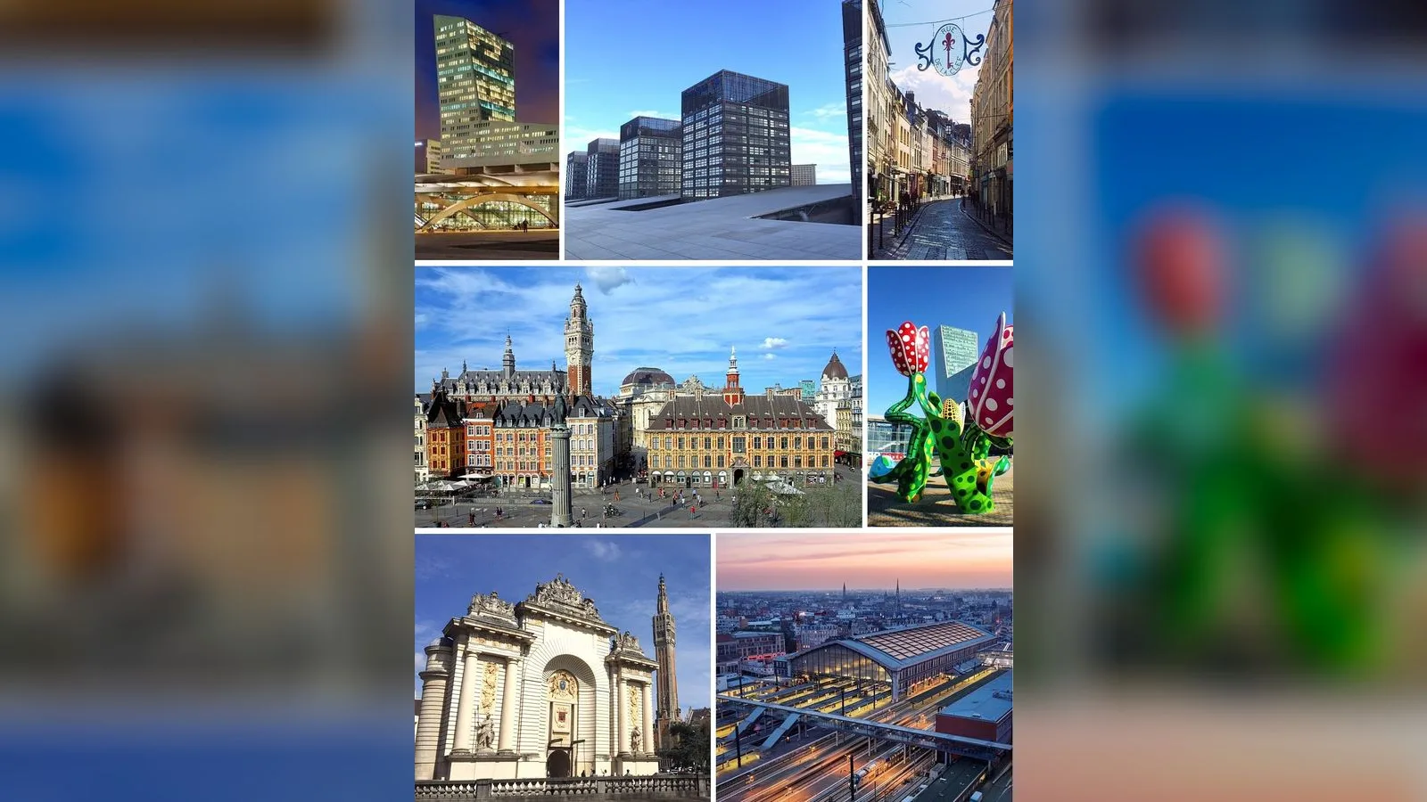 Lille'nin tarihi meydanı ve modern mimarisi, şehir manzarası kolajı.
