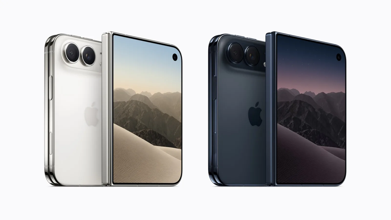 Yıldız Rengi ve Gece Rengi iPhone Duo modelleri, katlanmış halde ön ve arka yüzleri görünecek şekilde yan yana