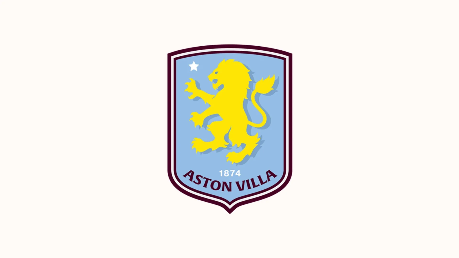 Açık mavi zemin üzerinde sarı aslanlı, 1874 yazılı Aston Villa arması