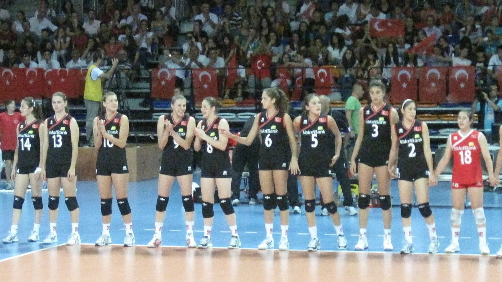 Siyah formayla Türk bayrağı göğüslerinde, voleybol sahasında sıralanmış kadın takım oyuncuları.