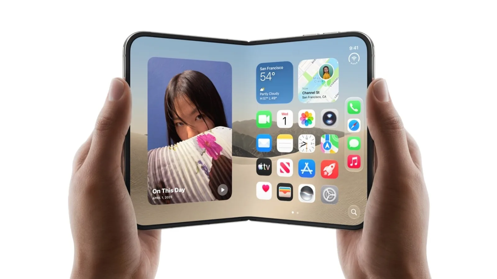 İki elle açılan iPhone Duo'nun iç ekranında ana ekran ve araç takımları görünüyor