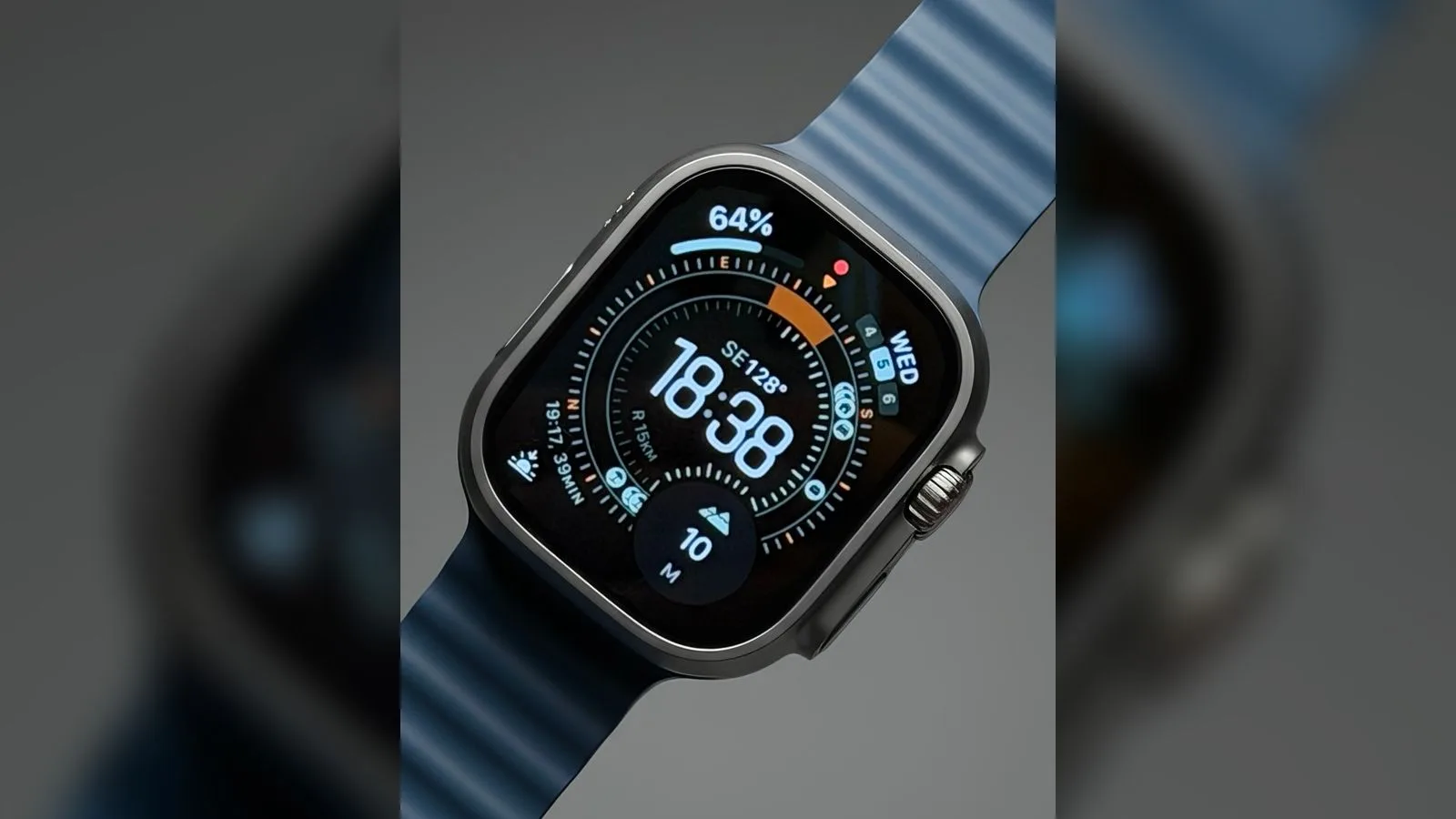 Apple Watch Series cihazı, mavi kayışlı, saat ekranında sağlık sensörleri verileri gösteriyor.