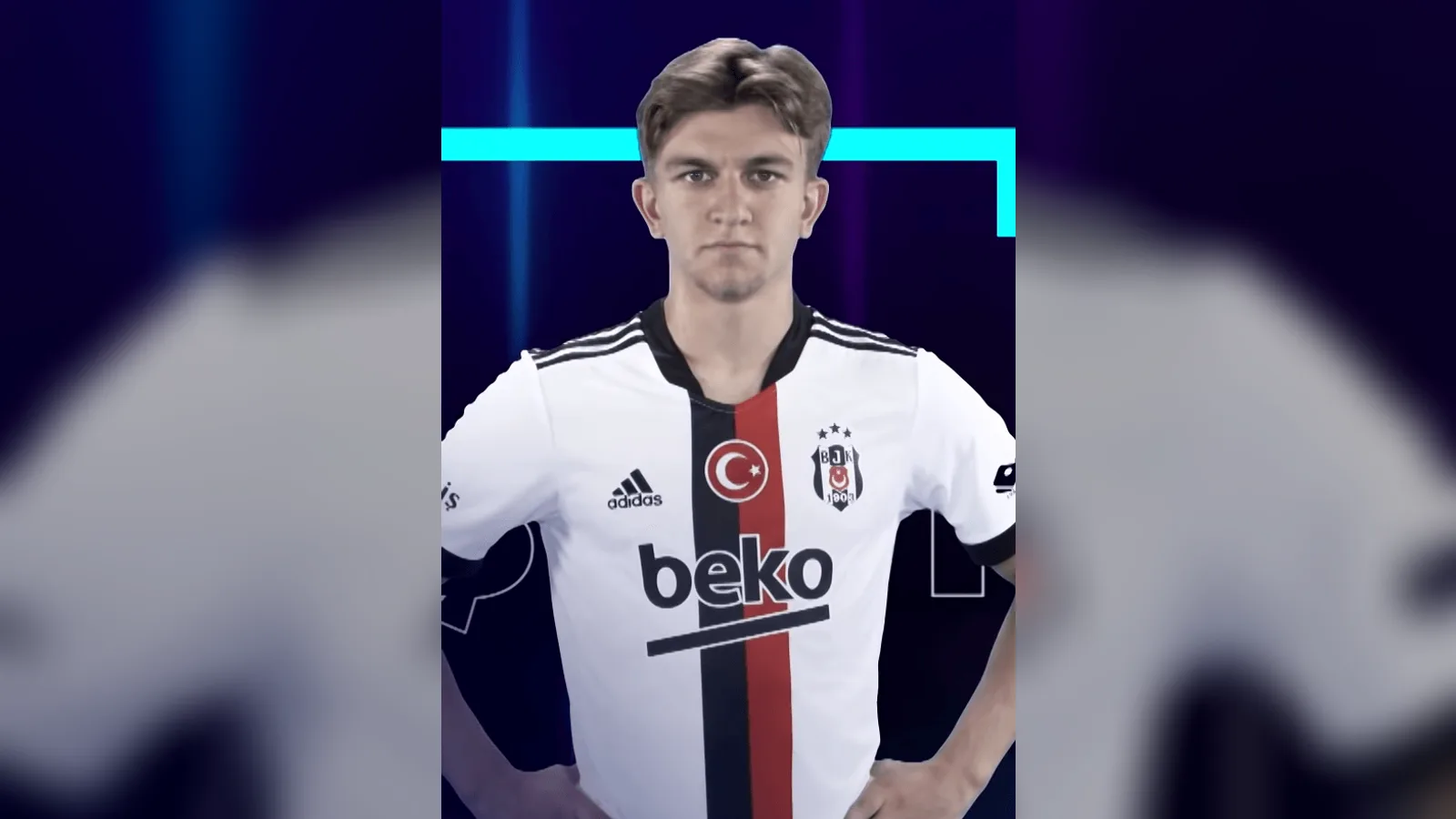 Beşiktaş JK forması giymiş genç bir oyuncu portal açıklaması portresi.
