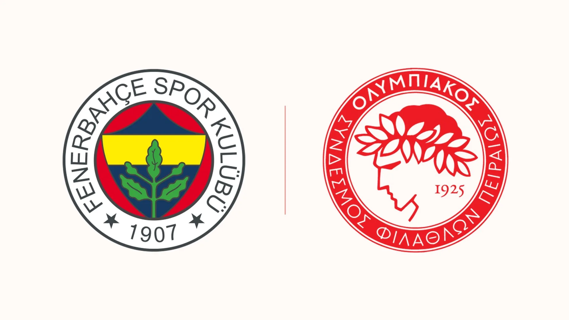 Beyaz zemin üzerinde yan yana Fenerbahçe ve Olympiakos kulüp armaları.