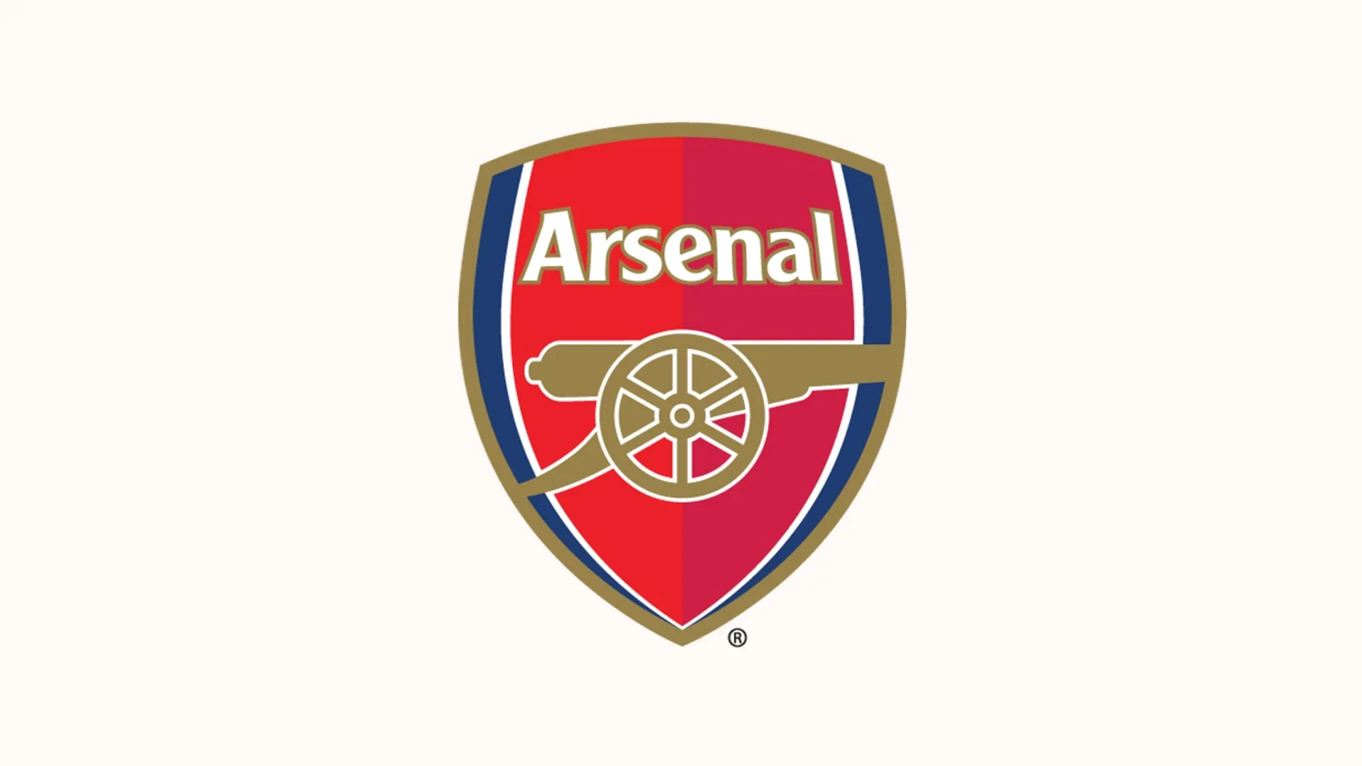 Kırmızı zemin üzerinde altın top figürü ve Arsenal yazısı bulunan kalkan biçimli arma