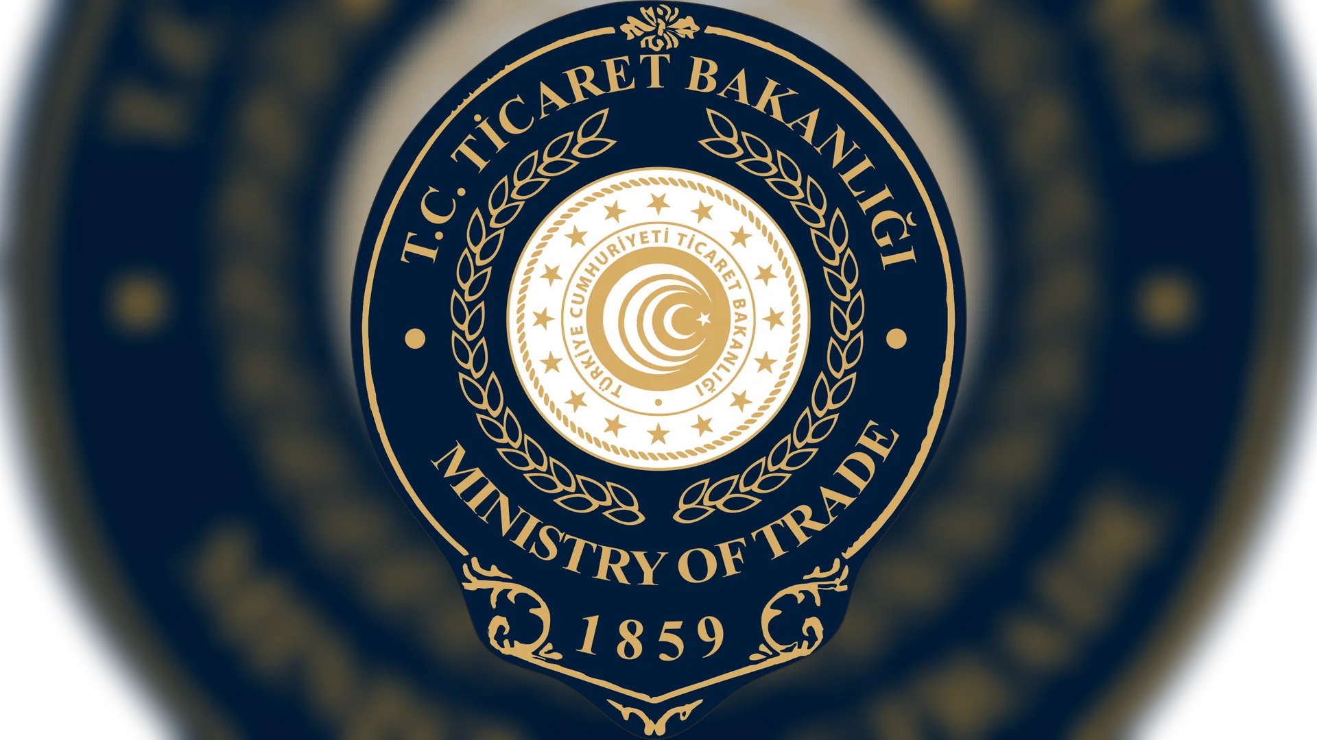 Lacivert zemin üzerinde altın renkli T.C. Ticaret Bakanlığı amblemi, 1859 yazılı