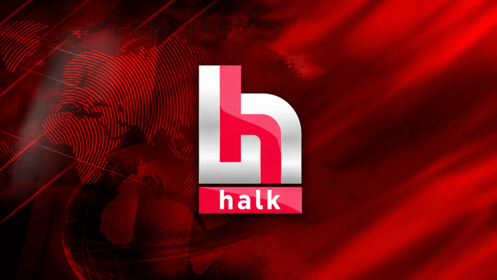Kırmızı dünya haritası desenli arka plan üzerinde beyaz ve kırmızı Halk TV logosu