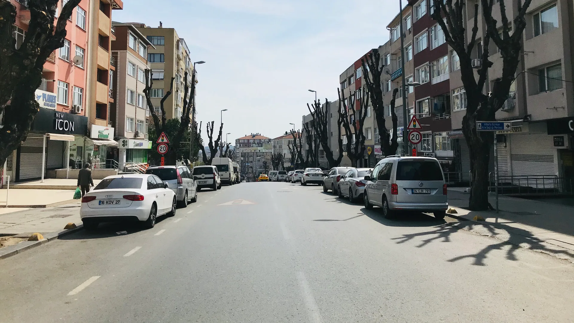 İki yanında apartmanlar, budanmış ağaçlar ve park halindeki araçlar bulunan boş bir cadde