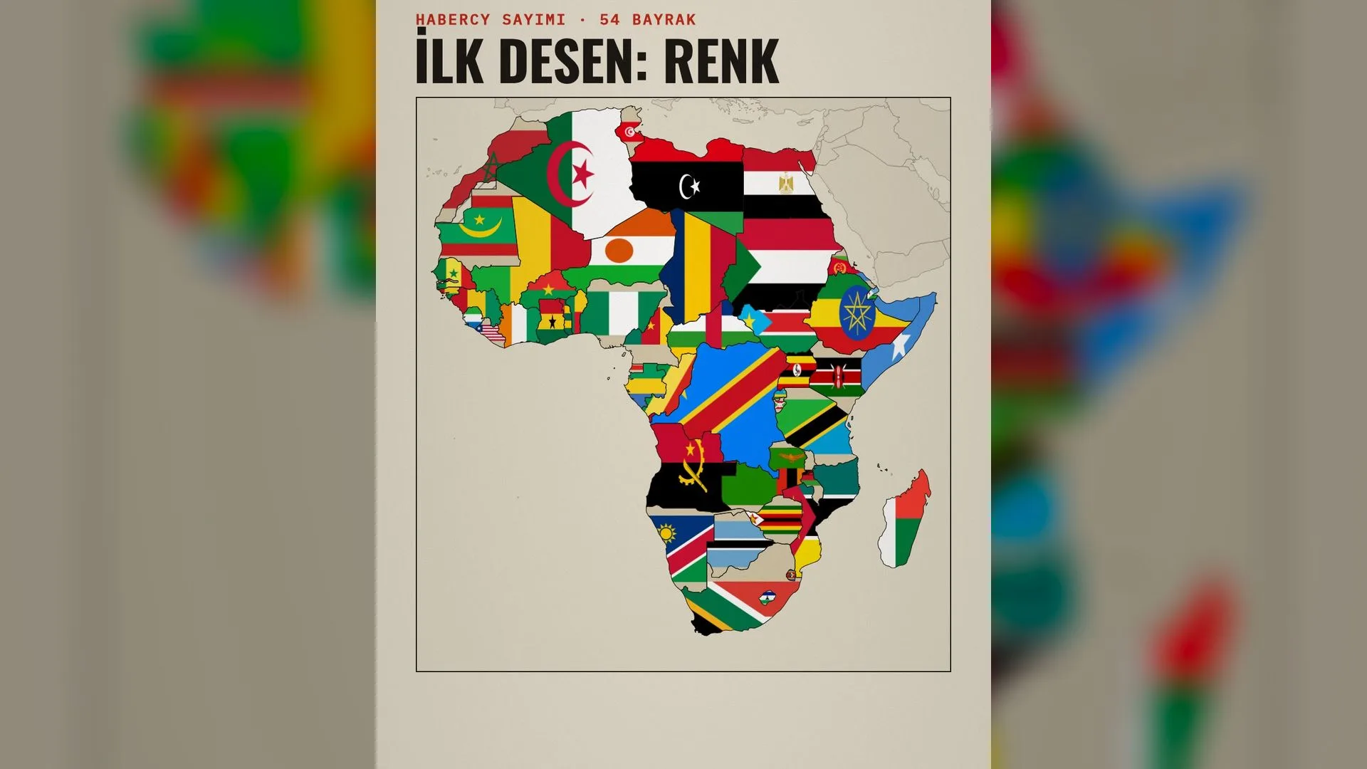 Afrika haritası, her ülke kendi bayrağıyla doldurulmuş: kuzeyde Cezayir, Libya, Mısır ve Sudan bayrakları, ortada Etiyopya ve Kongo, güneyde Güney Afrika