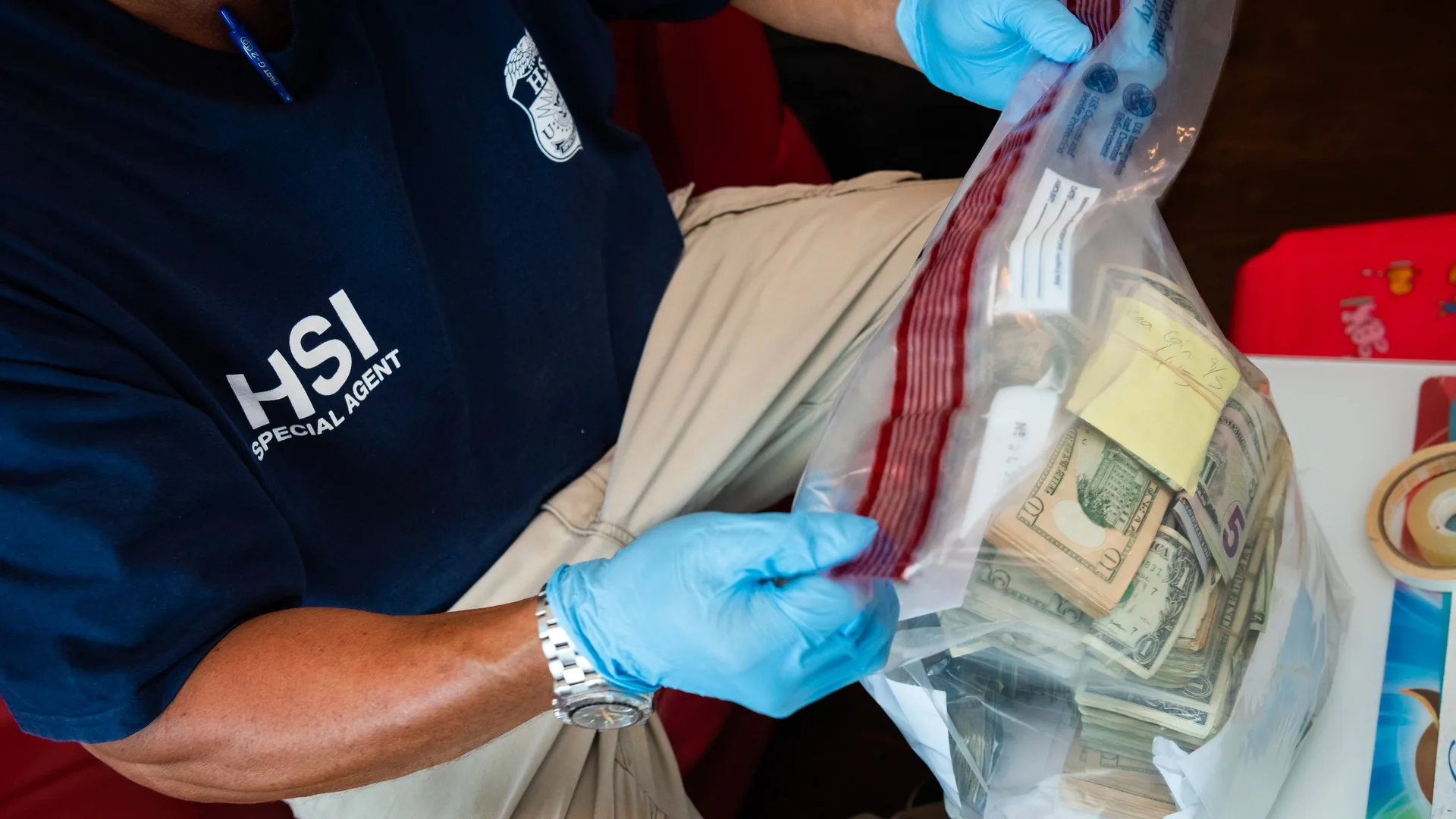 Bir kara para soruşturmasında el konulan dolarları delil torbasından çıkaran eldivenli soruşturmacı