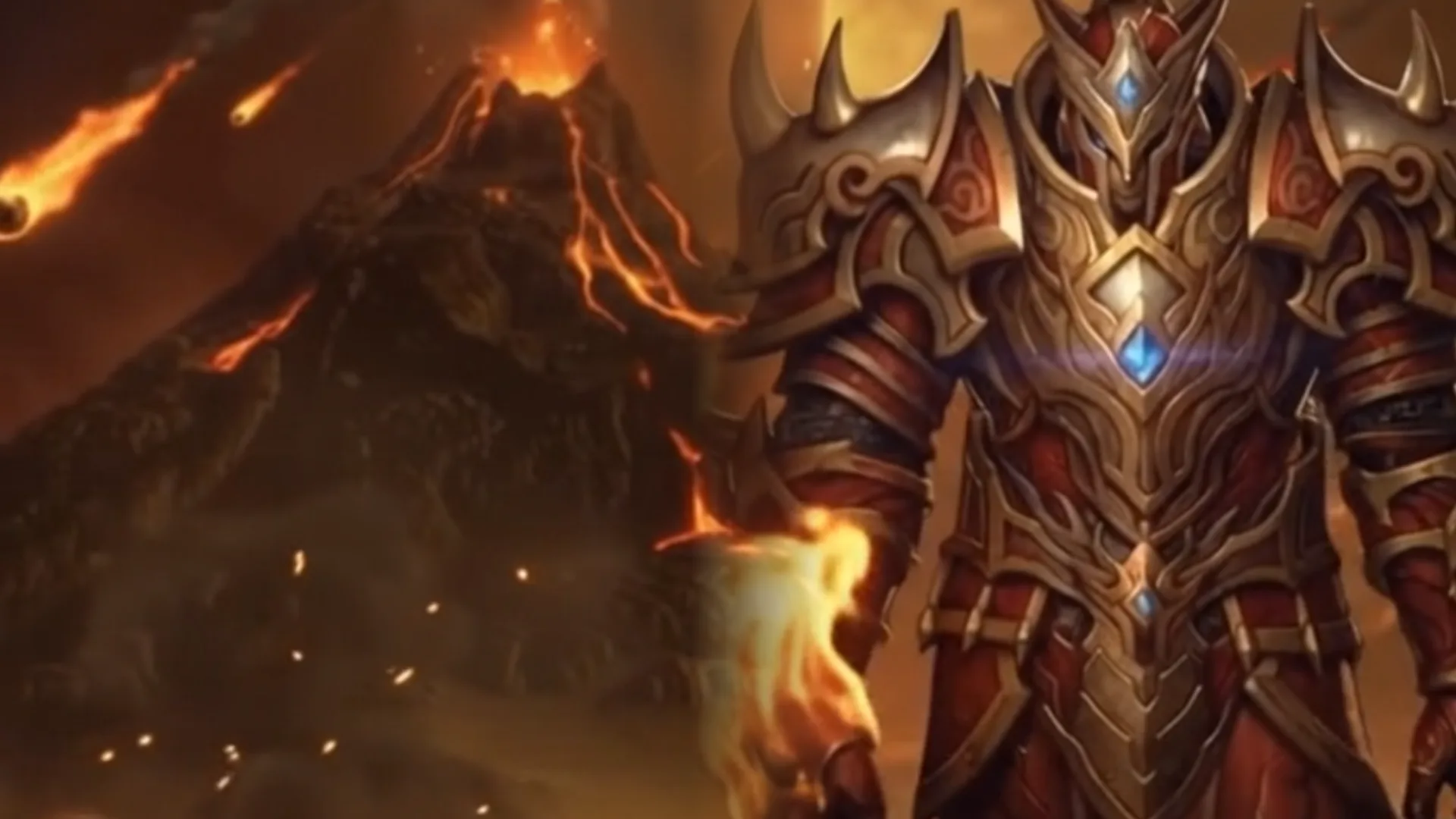Knight Online yeni sunucu duyurusunun tanıtım görseli: solda lav püskürten bir volkan, sağda kırmızı-altın zırhlı, elinde ateş taşıyan bir savaşçı.