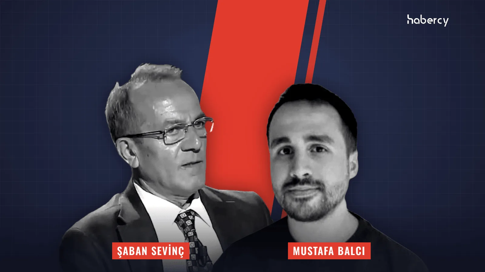 Gazeteciler Şaban Sevinç ve Mustafa Balcı'nın lacivert ve kırmızı zemin üzerinde siyah-beyaz portreleri