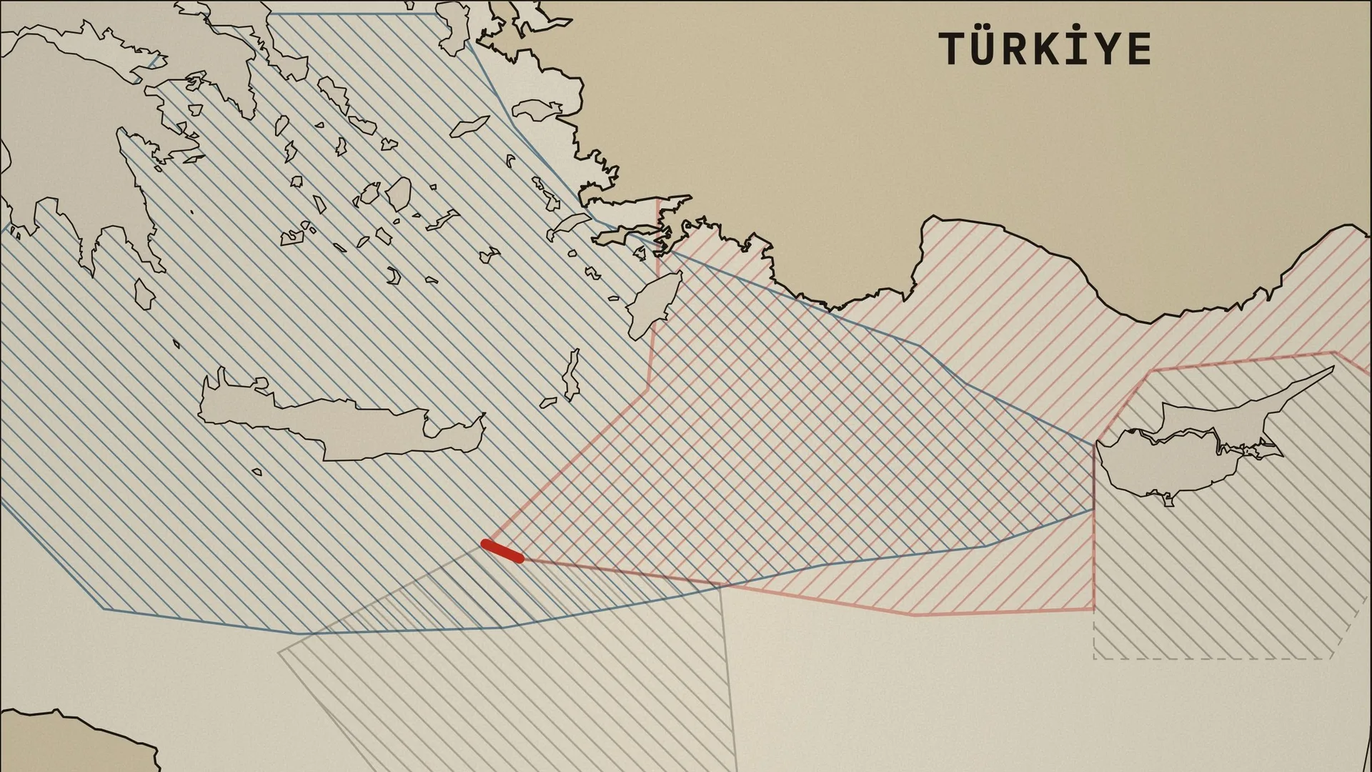 Doğu Akdeniz şematik haritası: Türkiye–Libya deniz yetki alanları sınırı, Türkiye'nin tezi ve Sevilla haritasına göre Yunan alanı