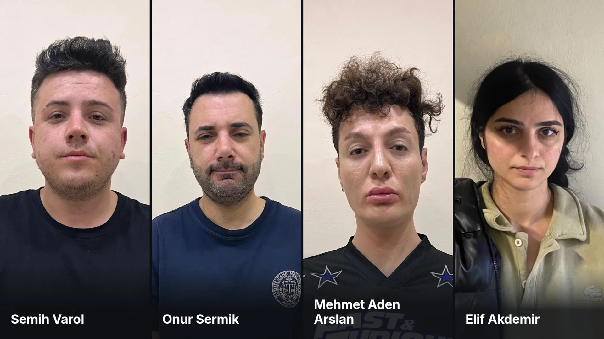 Gözaltına alınan sosyal medya yayıncılarından Semih Varol, Onur Sermik, Mehmet Aden Arslan ve Elif Akdemir'in emniyette çekilen fotoğrafları yan yana.