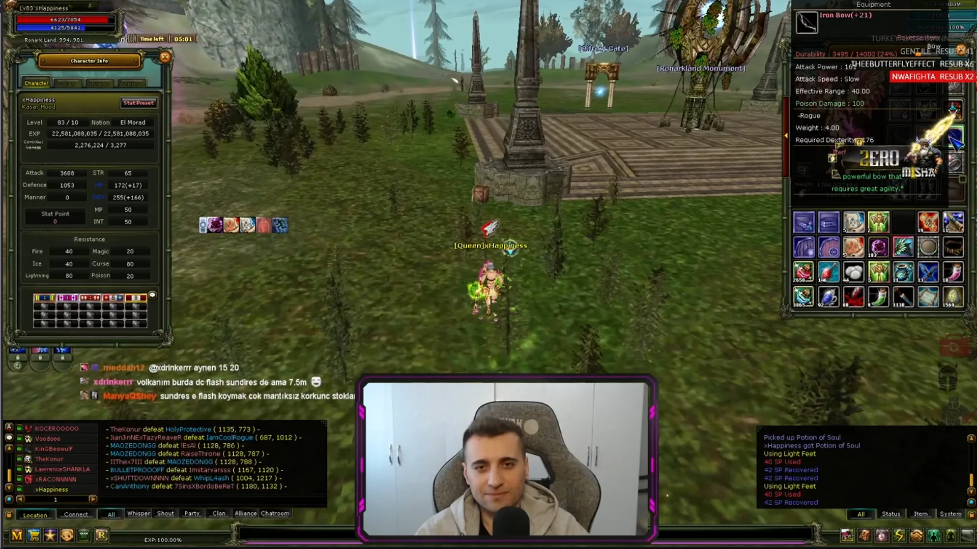 VolkanHappiness kamerada; arka planda Knight Online'da Ronark Land ve açık Iron Bow penceresi.