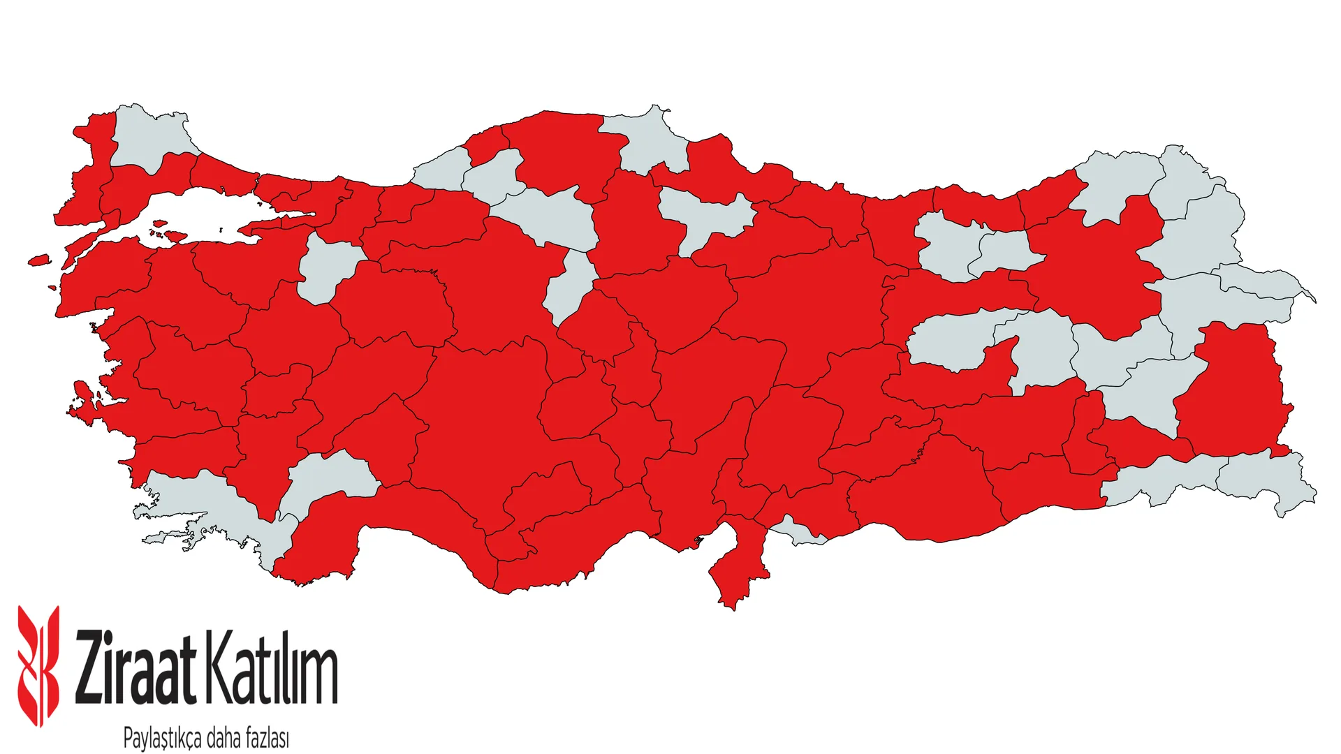 Ziraat Katılım logosu ve illerin kırmızıyla işaretlendiği Türkiye haritası