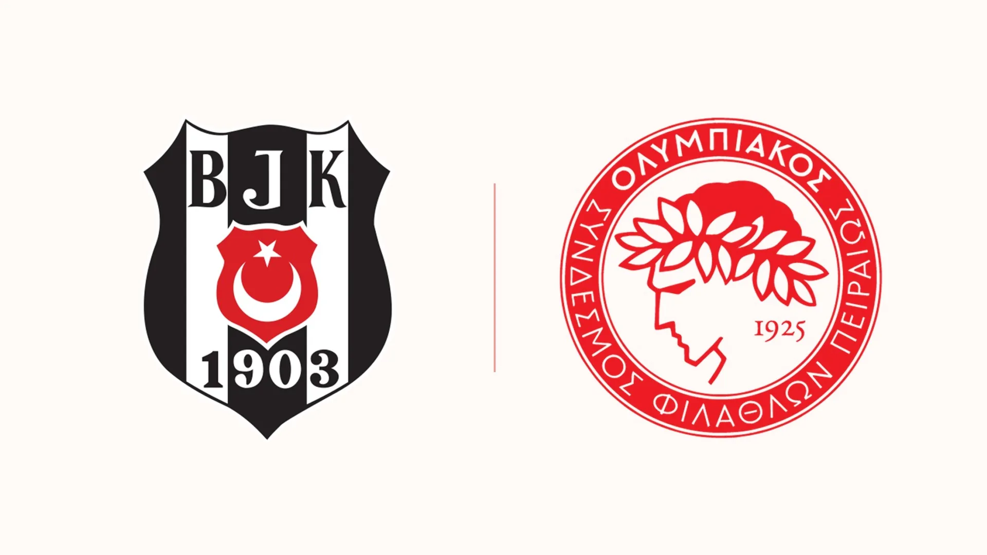 Beyaz zemin üzerinde yan yana siyah-beyaz BJK arması ve kırmızı Olympiakos arması