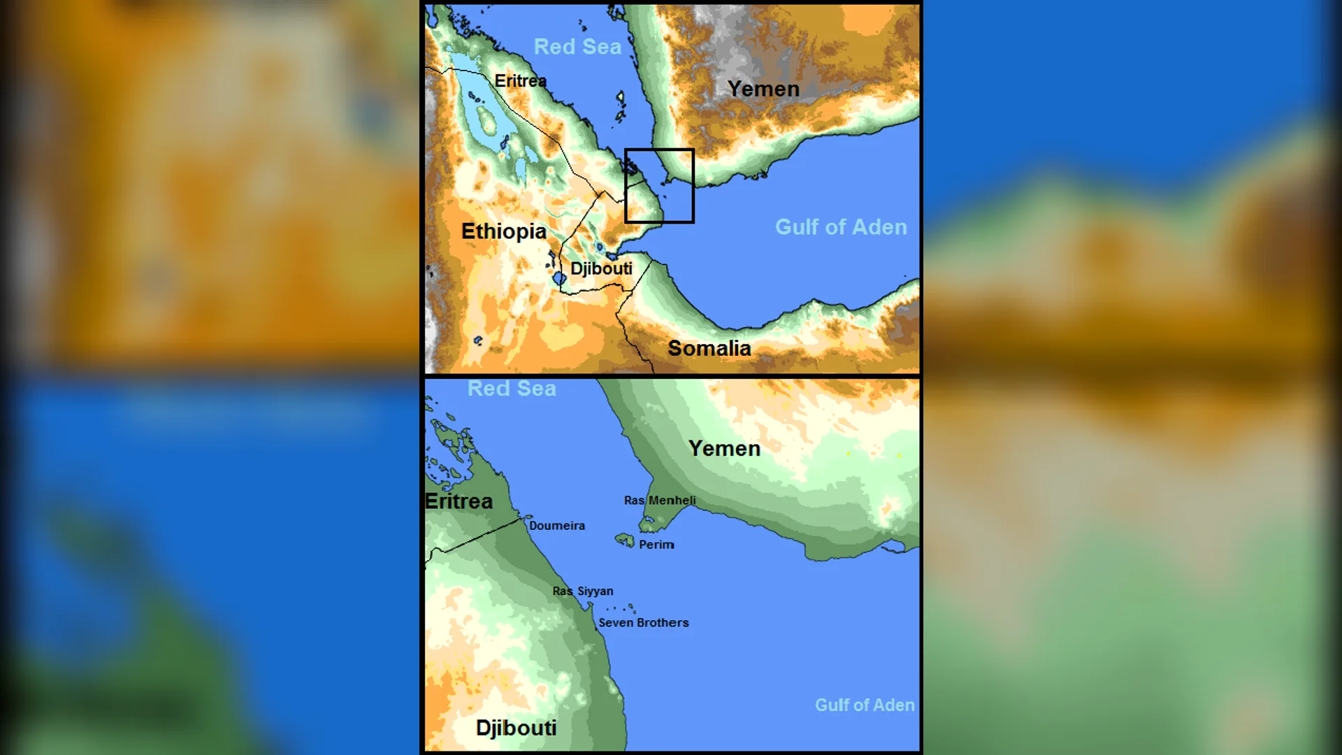 Kızıldeniz ile Aden Körfezi arasındaki boğazı, Yemen, Eritre ve Cibuti kıyılarını gösteren iki parçalı harita