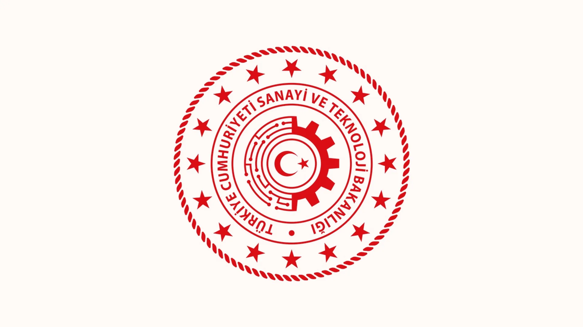 Beyaz zemin üzerinde dişli çark ve ay yıldız bulunan kırmızı yuvarlak bakanlık logosu