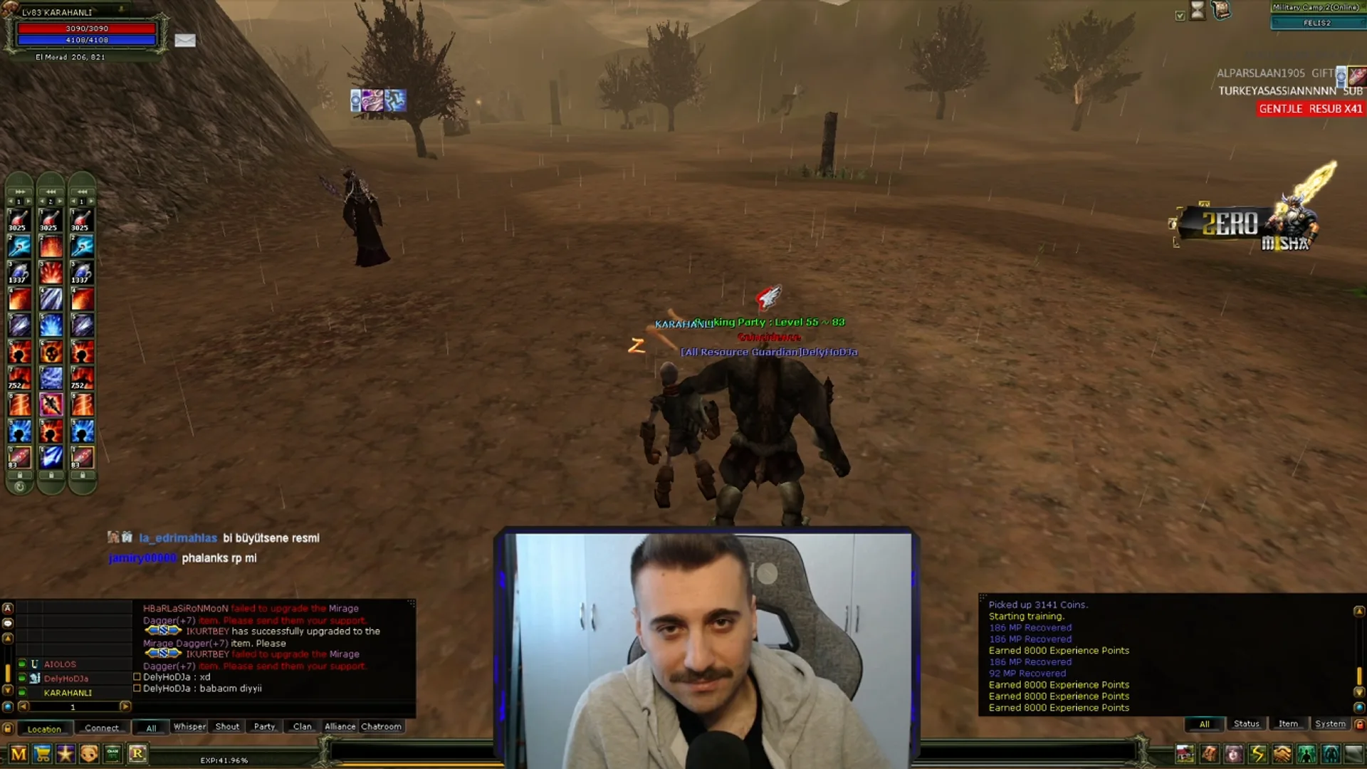 VolkanHappiness yeni bıyığıyla Twitch yayınında; arka planda Knight Online.