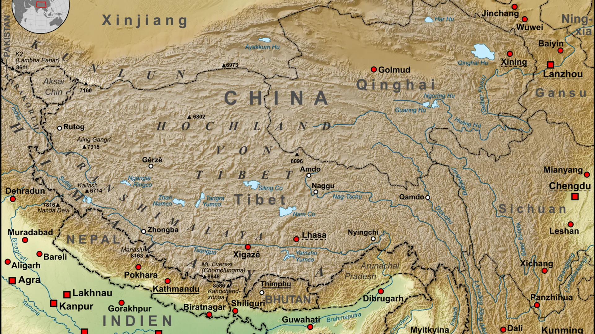 Tibet Platosu ile çevresindeki Nepal, Bhutan ve Hindistan'ı gösteren Almanca topografik harita